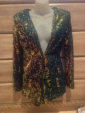 Forever 21 Black Iridescent Sequin Plunge Romper Multicolor